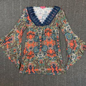 Emma's Closet Paisley Bell Sleeve Top Lace Trim Orange Womens Small Boho Vintage